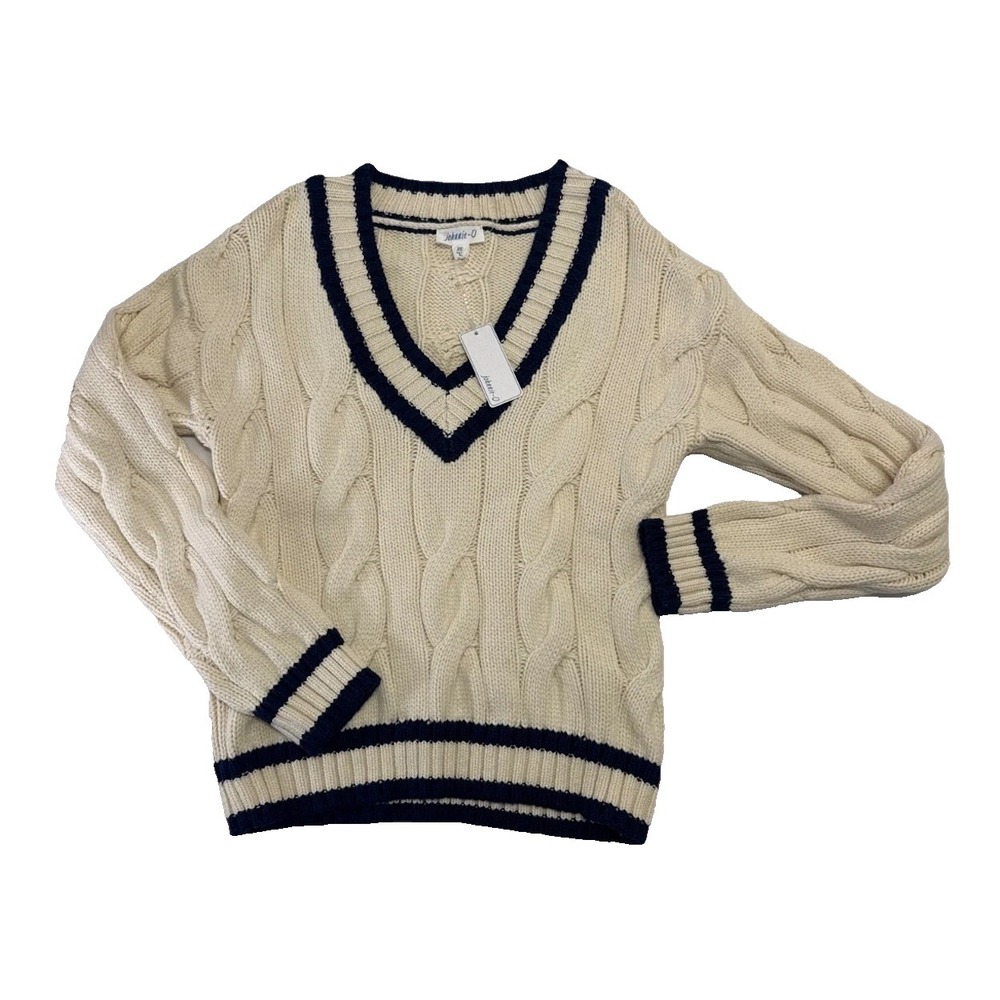 johnnie-O Cream Cable Knit V-Neck Sweater with Navy Trim